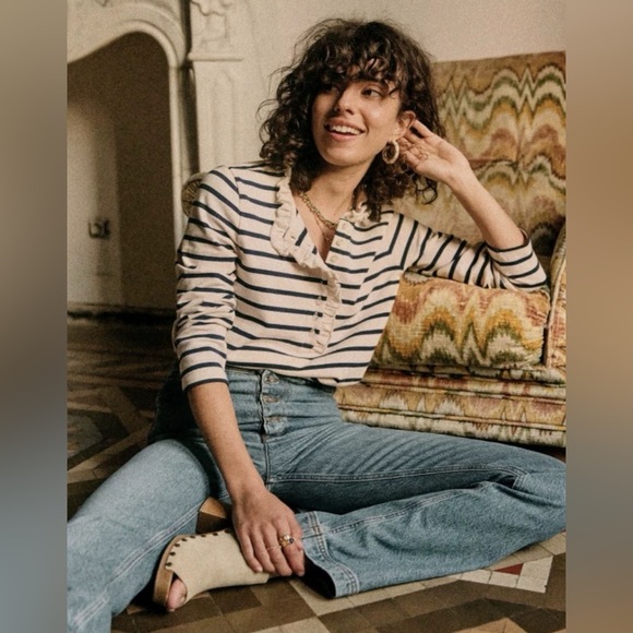 sezane Tops - Sezane Gael Mariniere Striped Long Sleeve Top with Ruffles